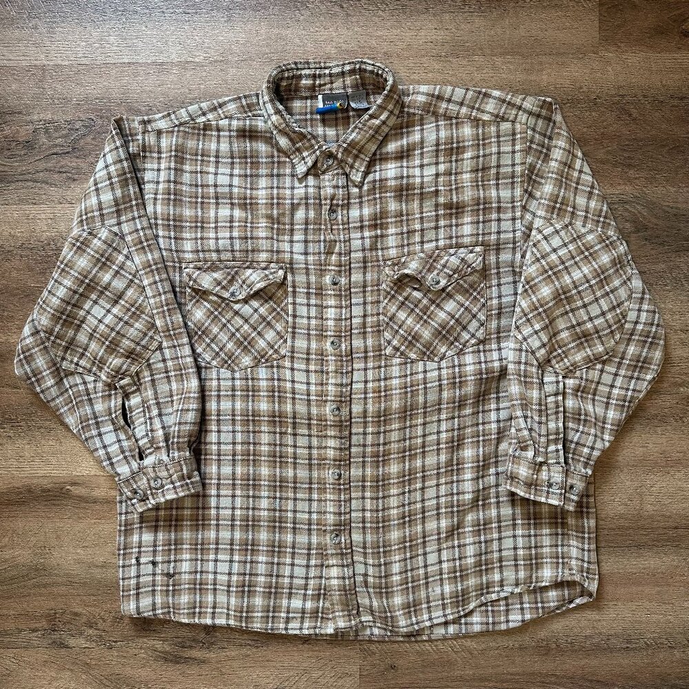 Raw Edge Casual Button Down Mens XL Beige Plaid Rugged Flannel Shacket